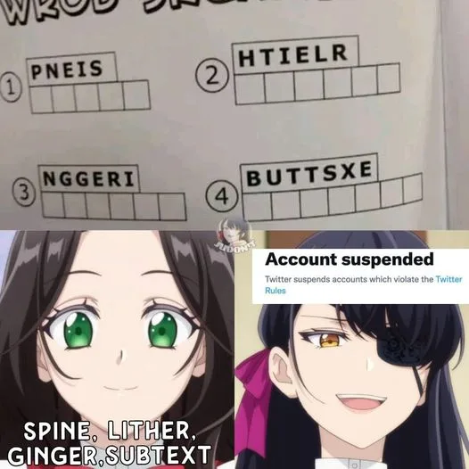 An image shows a crossword puzzle with four clues: 1. PNEIS, 2. HTIELR, 3. NGGERI, 4. BUTTSXE. Below, two anime characters…