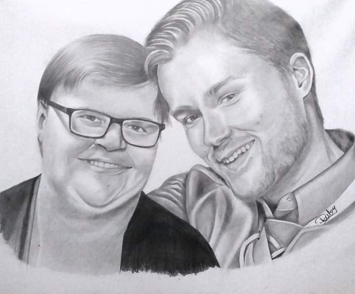 A detailed pencil sketch shows two men smiling closely together; the man on the left wears glasses and a dark shirt, while…