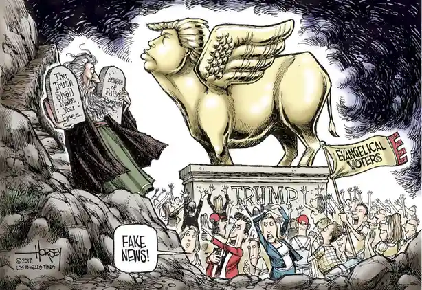 A cartoon depicts a winged golden statue of Donald Trump standing atop a pedestal labeled 'TRUMP', with a crowd of cheering…