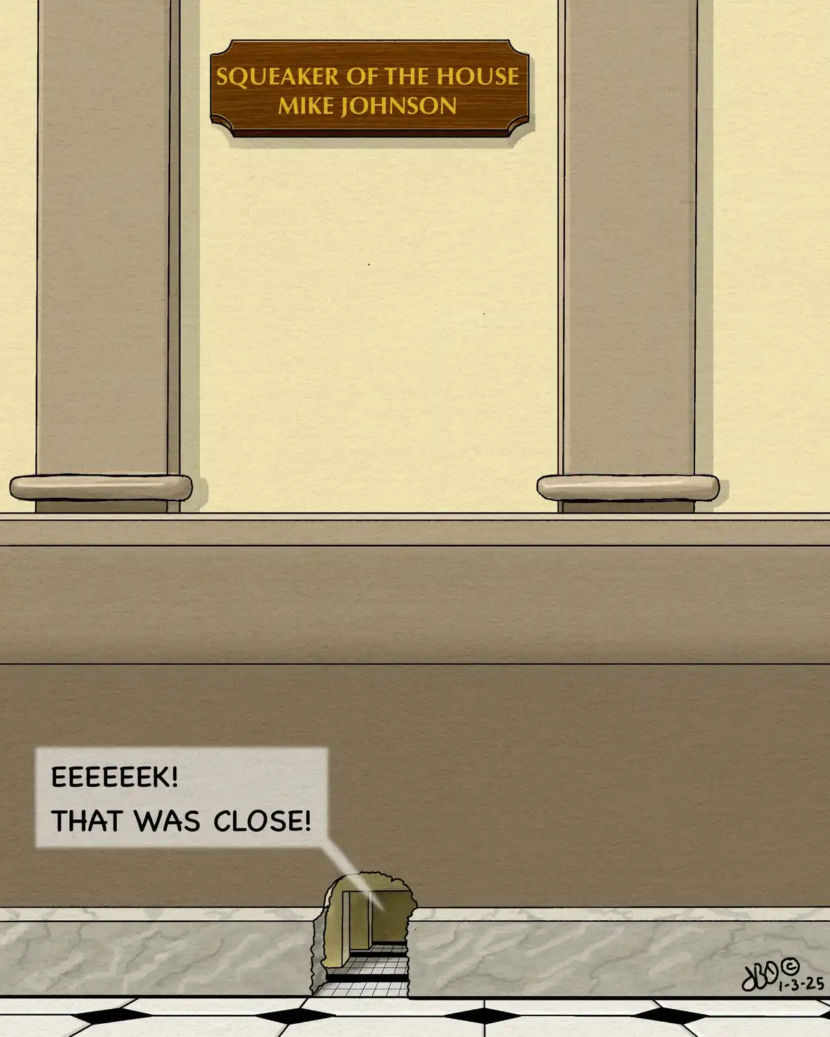 An illustration shows a door with a wooden plaque reading 'SQUEAKER OF THE HOUSE MIKE JOHNSON'. Below, a small hole in the…