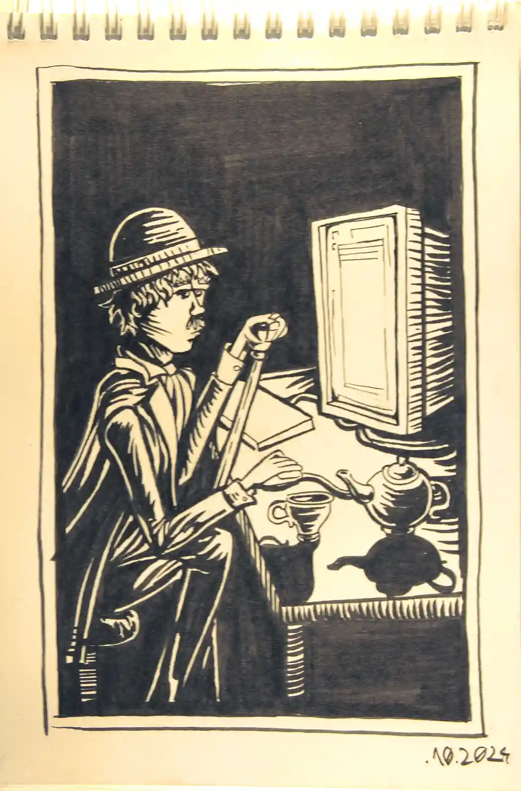A black-and-white ink drawing depicts a man in a bowler hat and suit sitting at a desk, holding a pipe while looking…