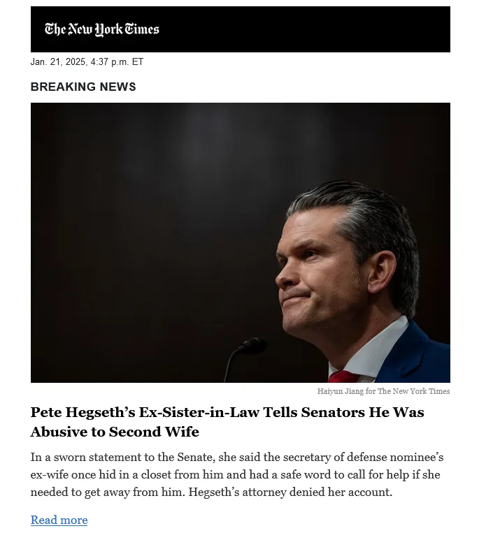 A screenshot of a New York Times article dated Jan. 21, 2025, with a photo of Pete Hegseth smiling slightly while speaking…