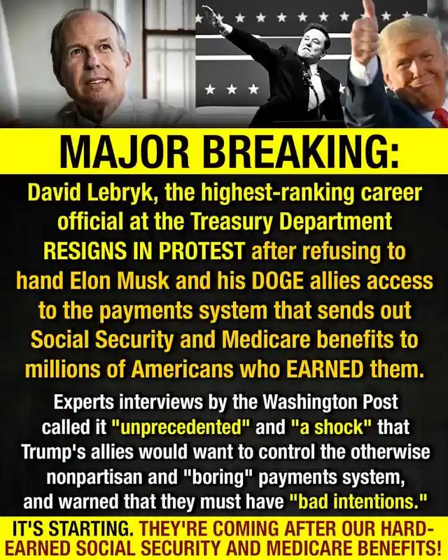 The image displays three men: David Lebryk on the left, Elon Musk in the center gesturing, and Donald Trump on the right…