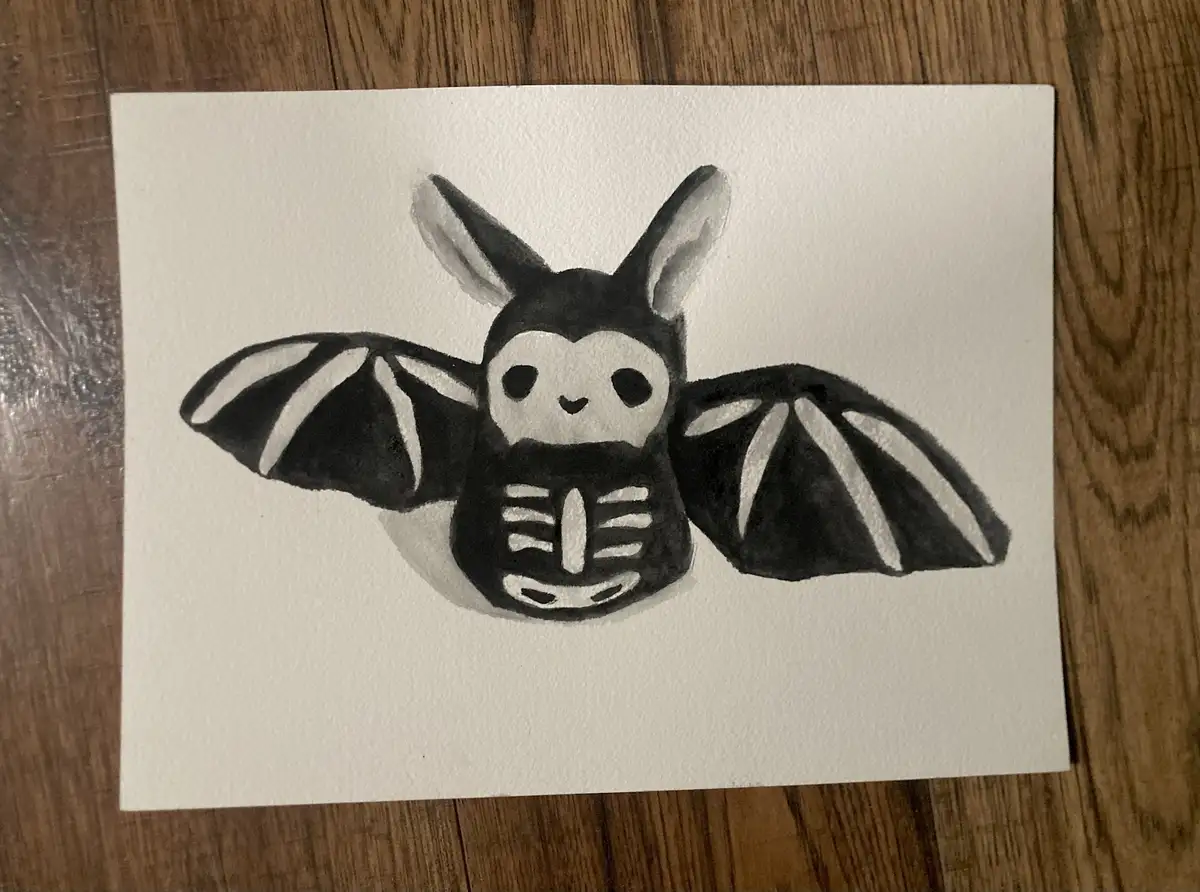 Artober Day 29: Watercolor of a Skeleton Bat Plushie!
