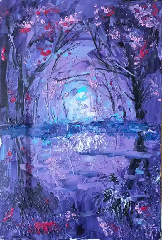 A textured, painterly image depicts a surreal tunnel of purple trees with red blossoms, leading to a bright blue light at…
