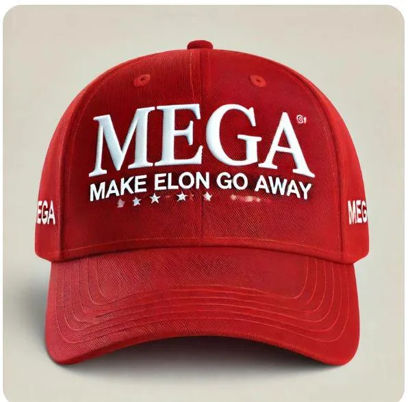 A red baseball cap with white text reading 'MEGA' in large letters, followed by 'MAKE ELON GO AWAY' in smaller letters…