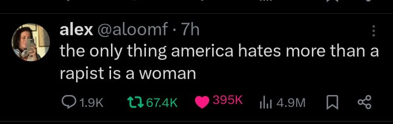 A screenshot of a tweet from user 'alex @aloomf' posted 7 hours ago, showing a dark background with white text reading 'the…