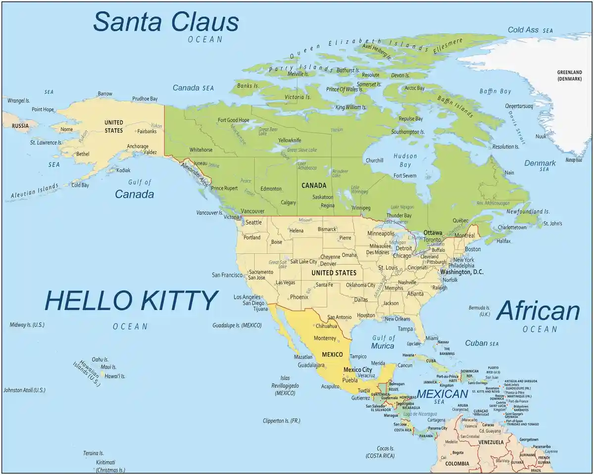 A map of North America and surrounding regions with humorous, fictional ocean names like 'Santa Claus Ocean' and 'Hello…