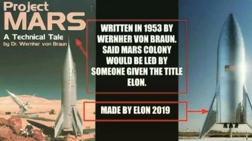 The image juxtaposes a 1953 book cover titled 'Project Mars: A Technical Tale' by Wernher von Braun, showing a rocket on…