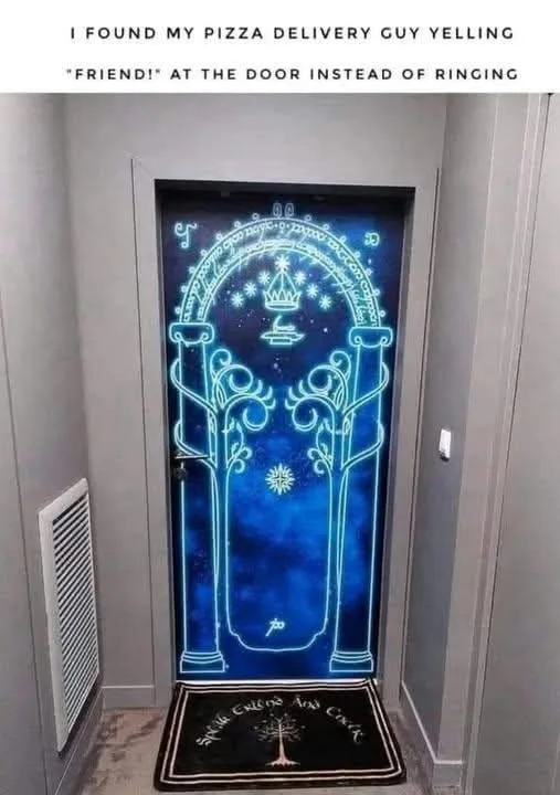 A plain interior door is decorated with glowing blue Elvish-style runes and imagery resembling the Doors of Durin from The…