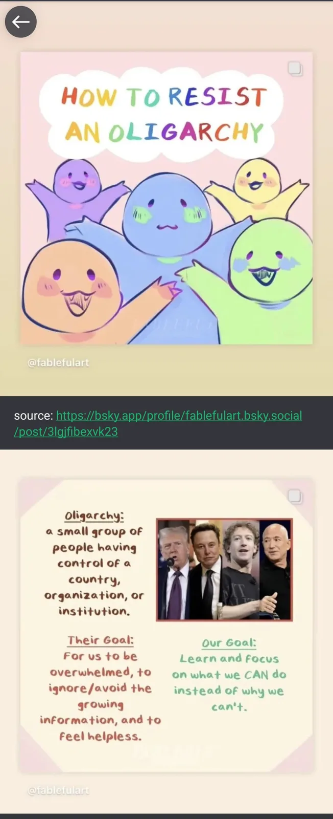 The image displays a cartoon with five colorful, smiling, blob-like characters under the title 'HOW TO RESIST AN OLIGARCHY'…