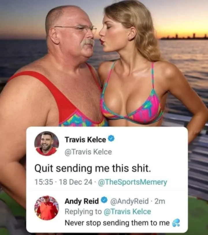 A man and woman in swimwear pose closely at sunset, overlaid with a Twitter thread where Travis Kelce says 'Quit sending me…