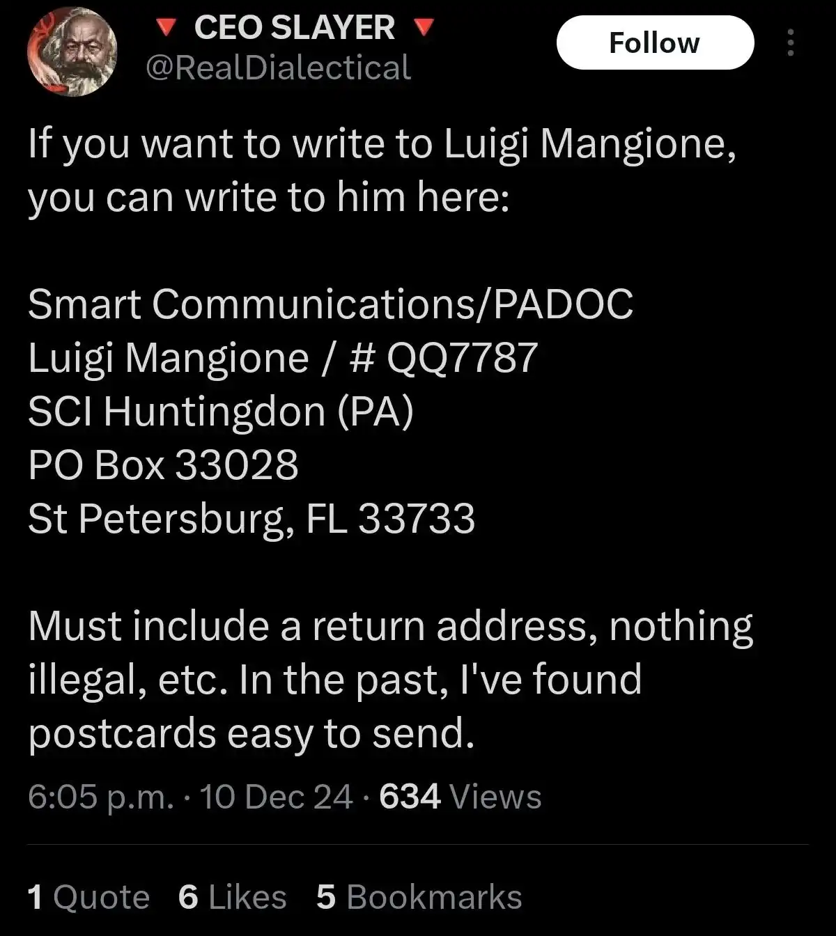 A screenshot of a social media post by 'CEO SLAYER' (@RealDialectical) that provides a fictional mailing address for Luigi…