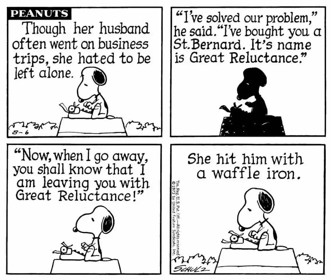 A four-panel Peanuts comic strip featuring Snoopy typing at a typewriter. In the first panel, Snoopy types about his wife's…