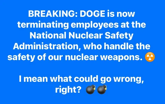 A bright blue background displays white text mimicking a breaking news alert, stating that 'DOGE' is terminating employees…