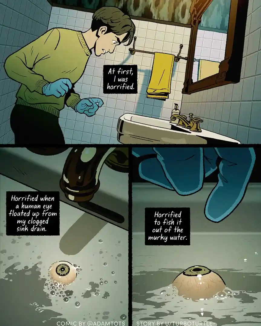 A comic strip shows a person in a bathroom wearing blue gloves, looking down at a sink. The first panel says 'At first, I…