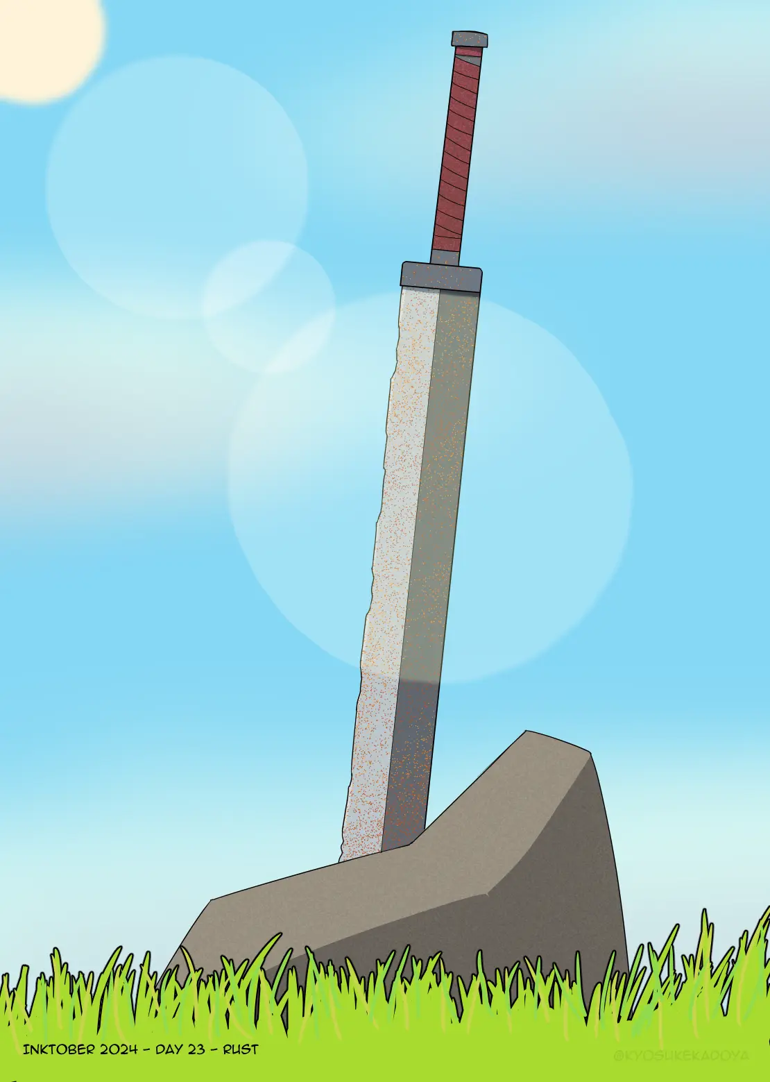 A cartoon illustration shows a sword stuck vertically in a large grey rock, half-buried in green grass under a bright blue…