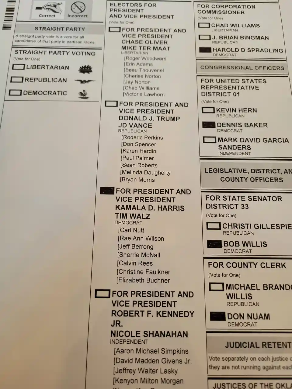 A close-up of a U.S. election ballot showing multiple candidate options, with the boxes for Kamala Harris/Tim Walz…