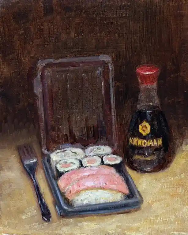 An oil painting depicts a takeout container of sushi and sashimi next to a bottle of soy sauce and a fork on a wooden table…