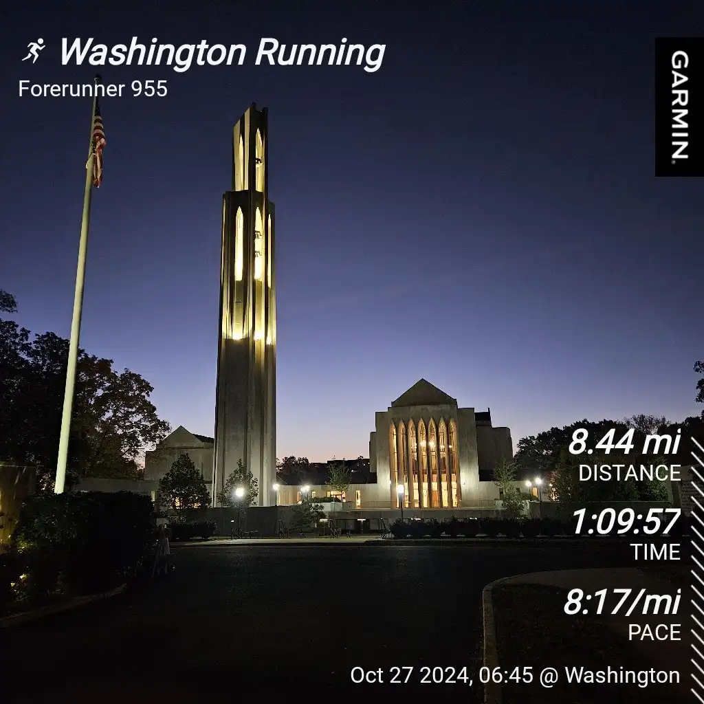 A screenshot of a Garmin Forerunner 955 running app showing a completed 8.44-mile run at 8:17 pace, timestamped October 27…