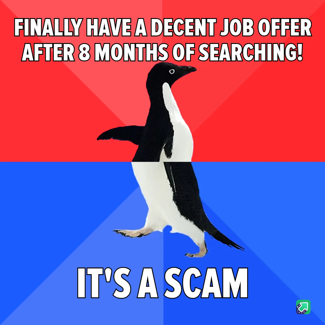 A penguin stands centered against a red and blue background, with bold white text at the top reading 'FINALLY HAVE A DECENT…