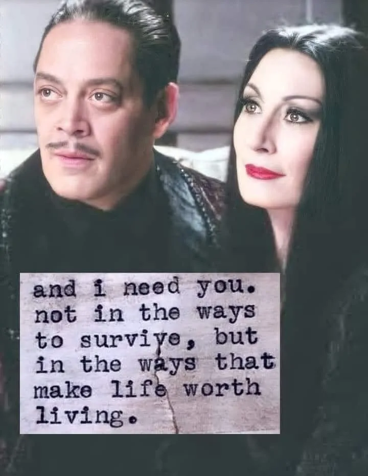 A still image of the characters Gomez and Morticia Addams from the TV show 'The Addams Family,' looking at each other with…
