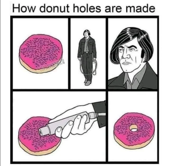 A six-panel comic strip shows a pink-frosted donut being transformed into a donut hole: first as a whole donut, then a man…