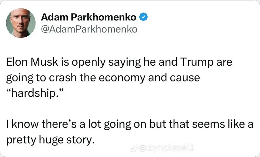 A screenshot of a tweet by Adam Parkhomenko (@AdamParkhomenko) with a blue verification checkmark. The tweet reads: 'Elon…