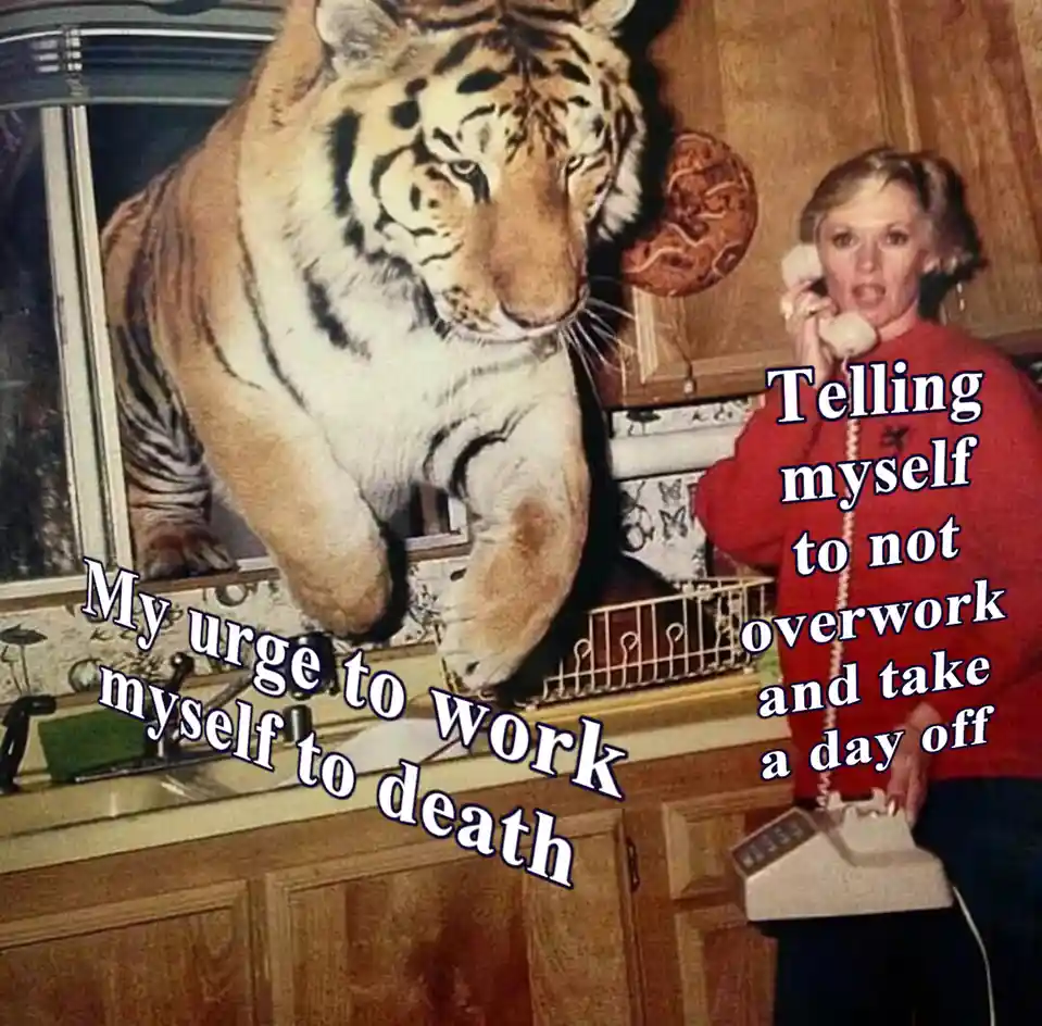 A vintage photo shows a woman in a red sweater holding a rotary phone while a large tiger is perched on the kitchen counter…