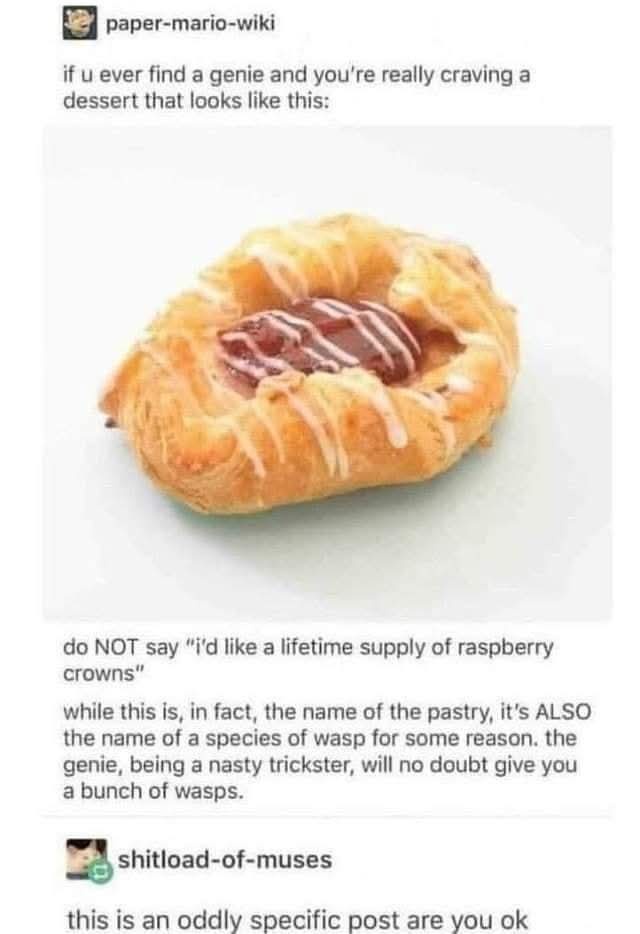 A close-up photo of a golden-brown, flaky pastry with a raspberry filling and white icing drizzle. Overlaid text humorously…