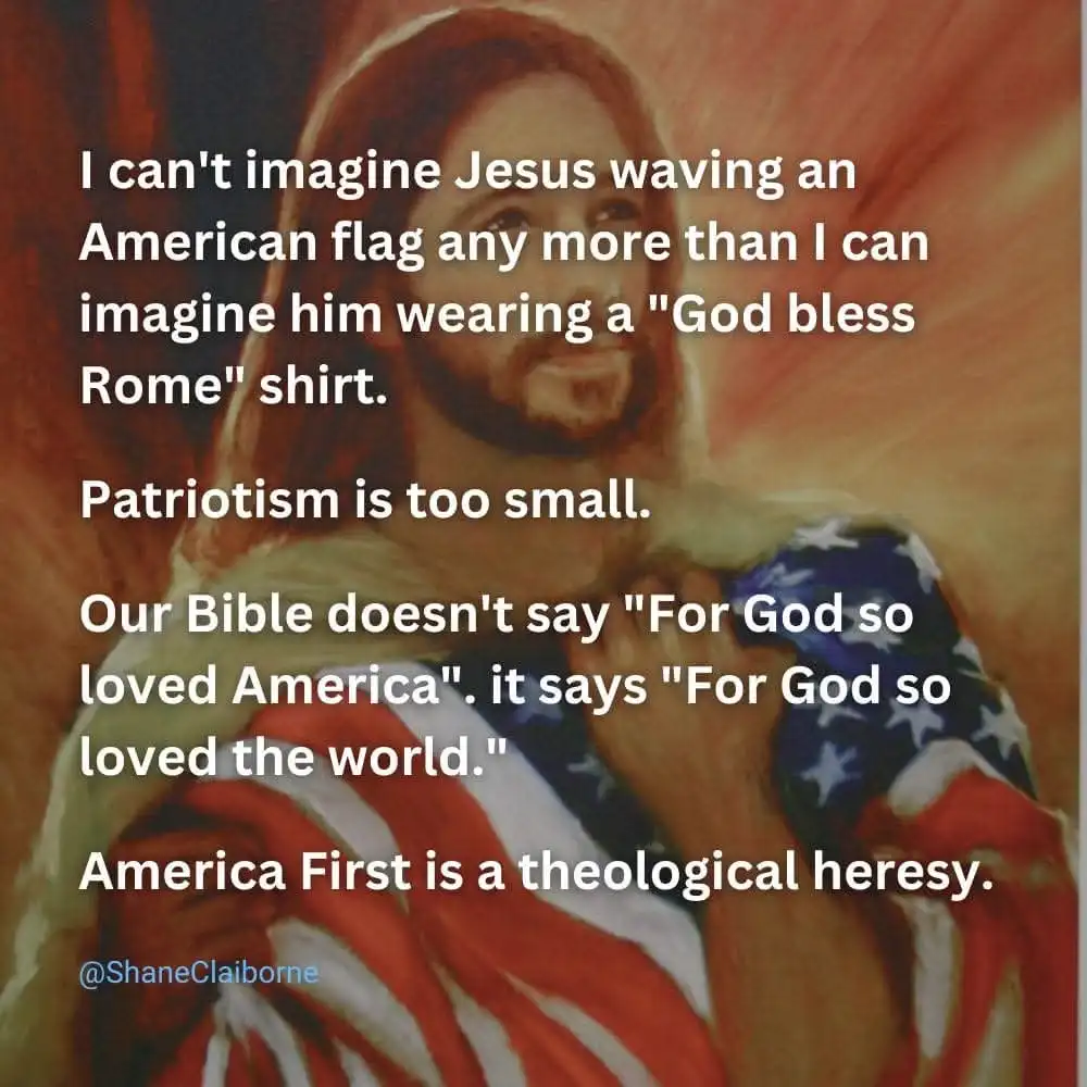A painting of Jesus Christ with a glowing halo, draped in an American flag, overlaid with white text criticizing American…