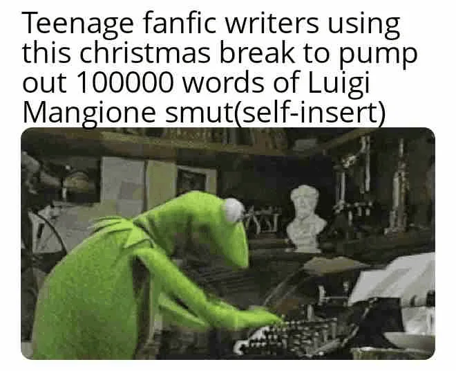 Six panels show Kermit the Frog typing furiously at a vintage typewriter in a cluttered, dimly lit room with a bust in the…