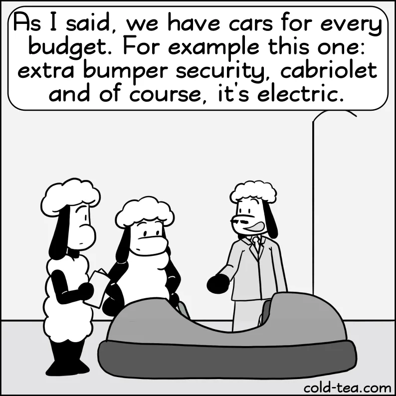 A black-and-white cartoon depicts three sheep-like characters in a car dealership setting. One sheep in a suit gestures…