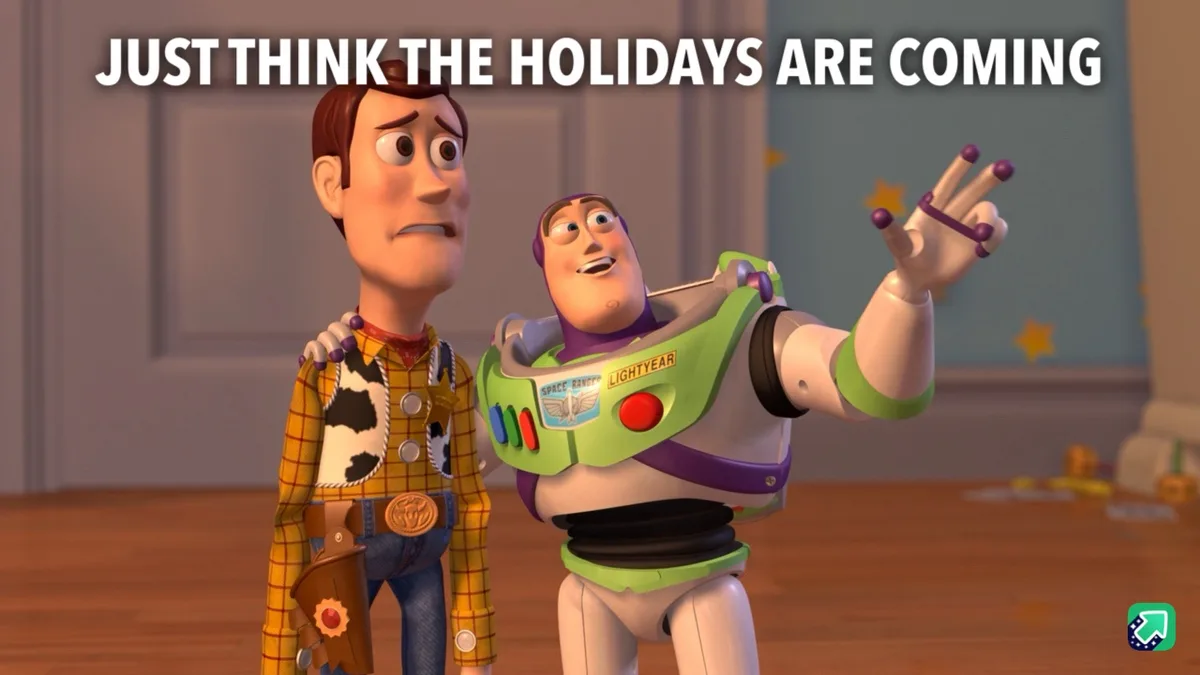 A still from Toy Story shows Buzz Lightyear enthusiastically gesturing with his hand while Woody stands beside him looking…
