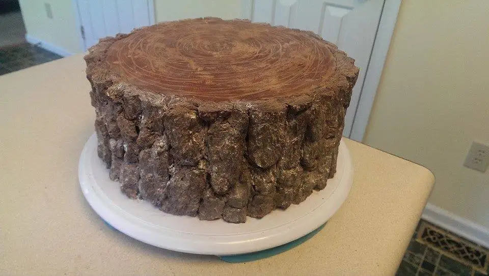A round cake sits on a white cake stand, decorated to resemble a tree stump with textured brown frosting mimicking bark and…