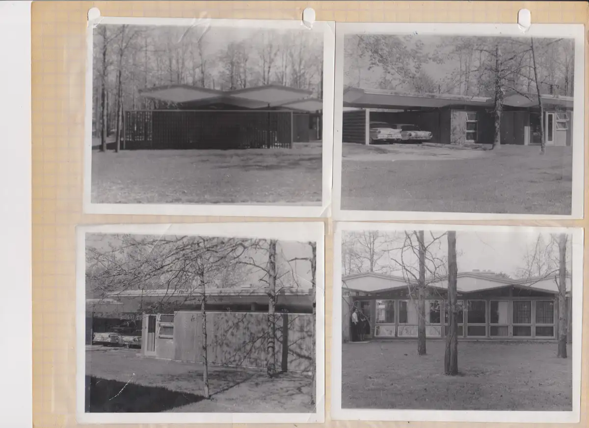Four black-and-white photos show different angles of a mid-century modern house with a distinctive low-pitched roof and…