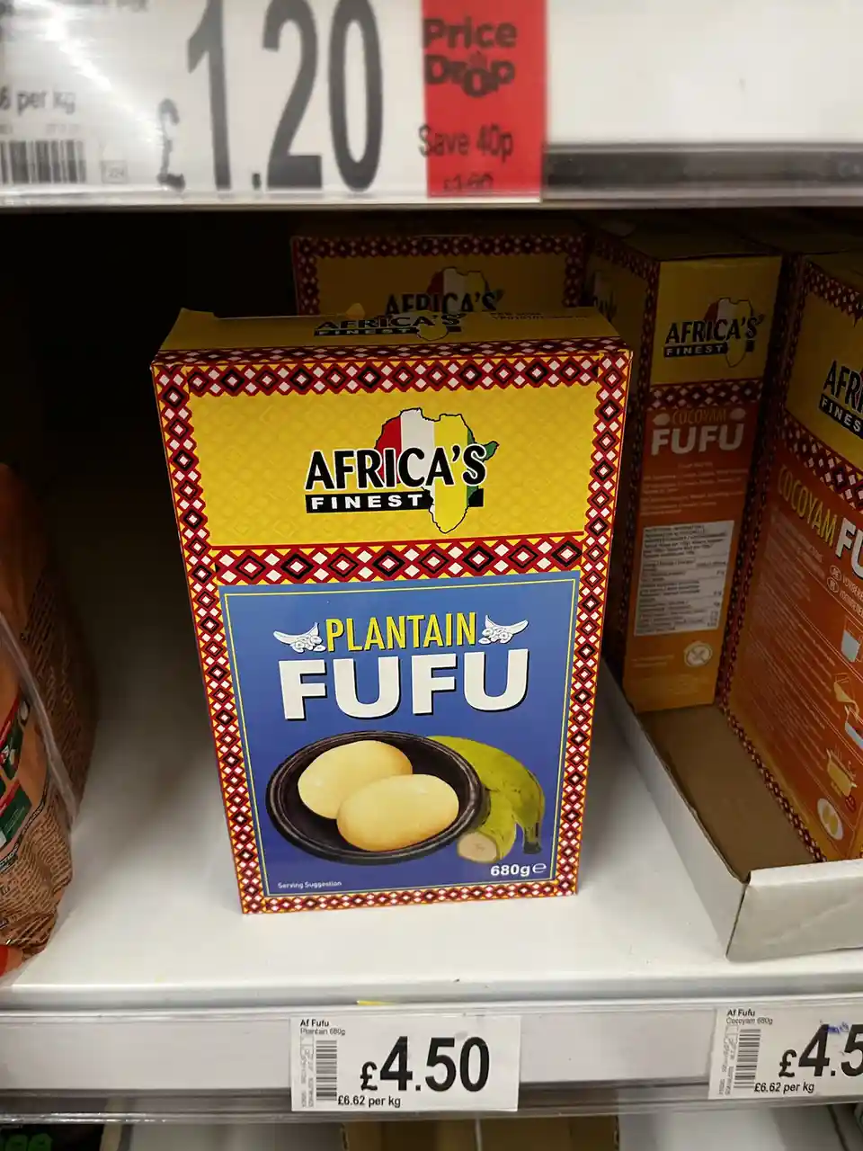A box of 'Africa's Finest' Plantain Fufu sits on a supermarket shelf, priced at £4.50 for 680g, with a price tag above…