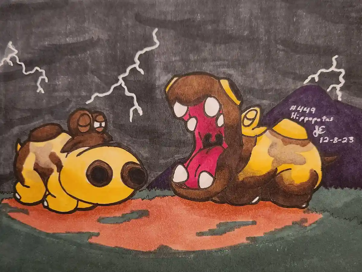 A hand-drawn illustration shows two cartoonish, yellow-and-brown hippopotamus-like creatures in a muddy puddle under a…