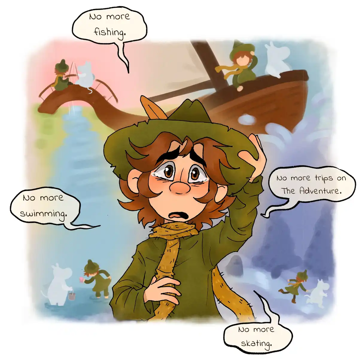 A cartoon boy with brown hair and a green hat looks distraught, surrounded by speech bubbles listing activities he's losing…