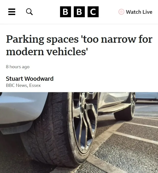 A screenshot of a BBC News article titled 'Parking spaces 'too narrow for modern vehicles'' by Stuart Woodward, showing a…
