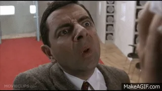 A six-panel sequence from the movie 'Bean' shows Mr. Bean reacting with shock and disgust as he uses a handheld device to…