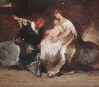 A classical painting depicts a woman in white mourning over a fallen man in dark clothing, her hand on his chest. The…