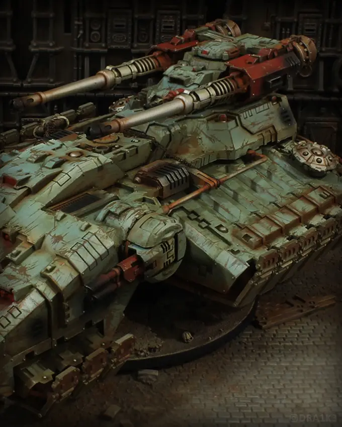A highly detailed, weathered, and battle-scarred sci-fi tank model with multiple cannons and heavy armor sits on a display…