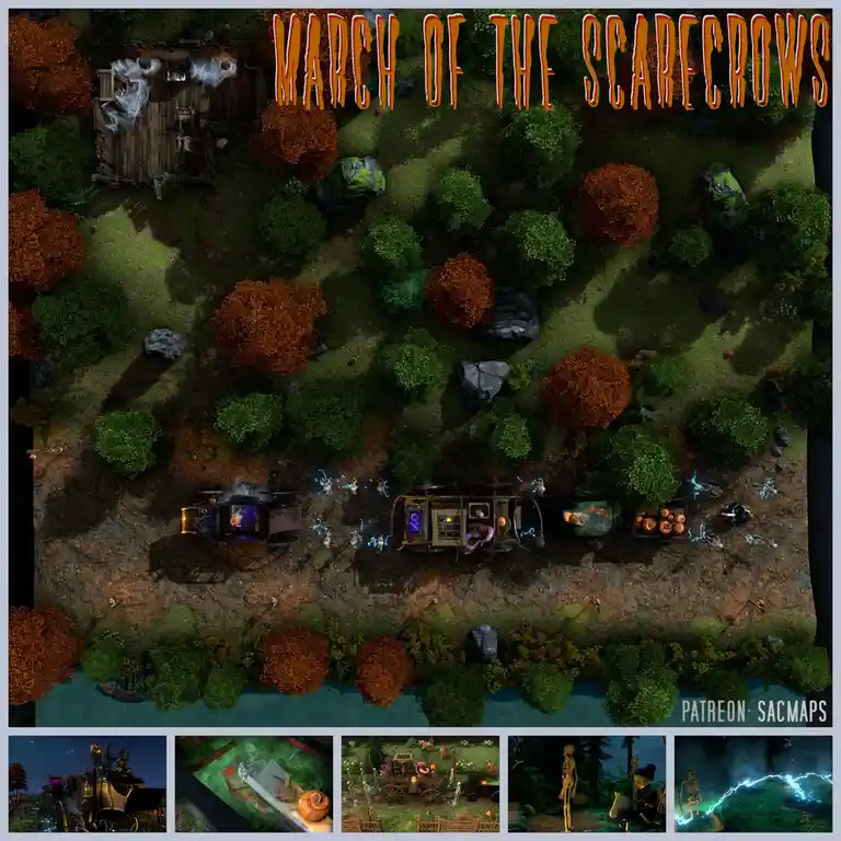An overhead view of a fantasy game map titled 'MARCH OF THE SCARECROWS' shows a spooky, autumnal forest with a haunted…
