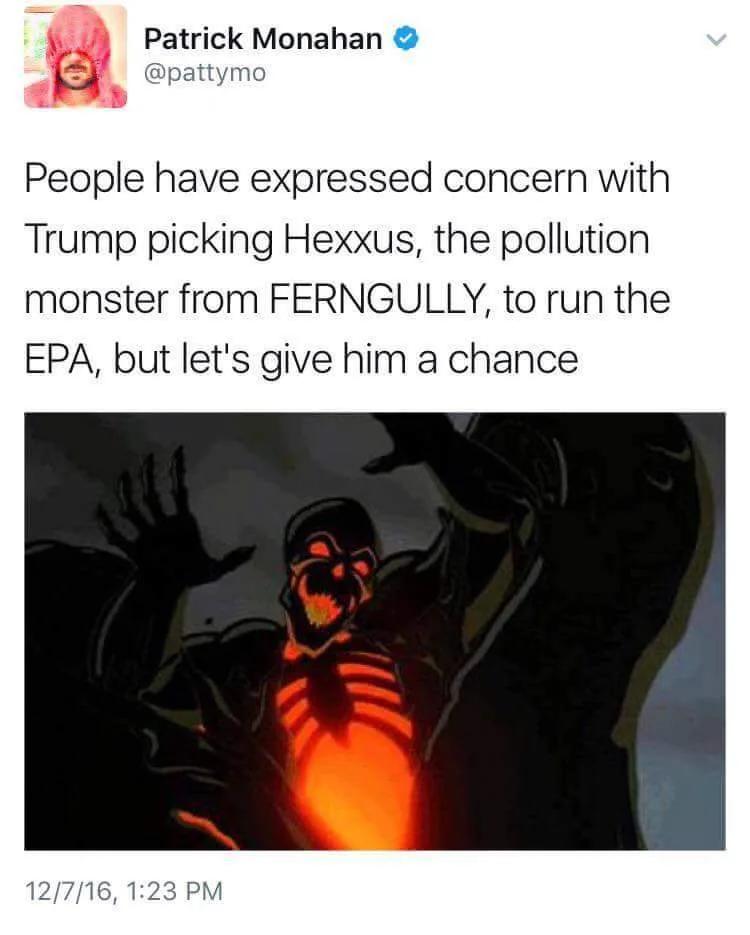 A tweet from Patrick Monahan shows an image of the animated character Hexxus, a large, dark, skeletal monster with glowing…