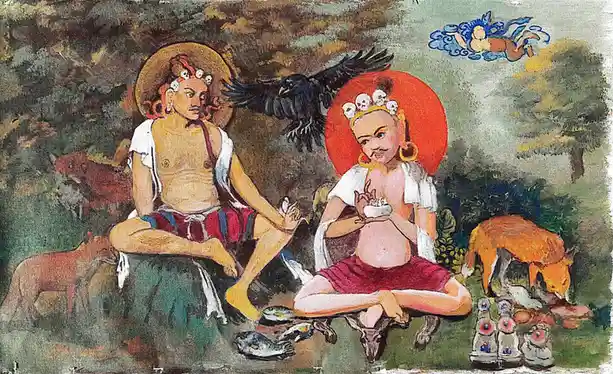 A traditional painting depicts two seated, bald, skull-crowned figures in a forest setting with animals and a black bird…