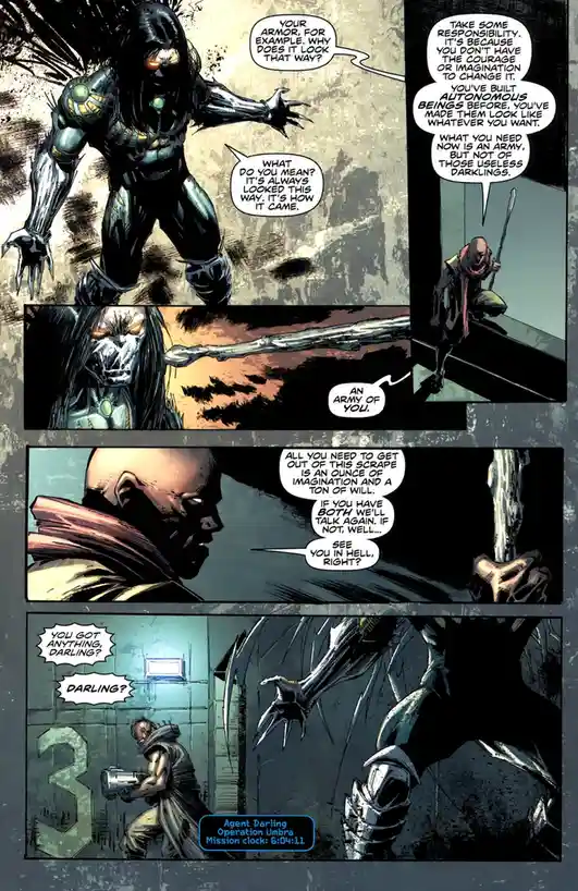 A comic book panel shows a menacing armored figure being scolded by a bald man for not changing his armor's design, which…