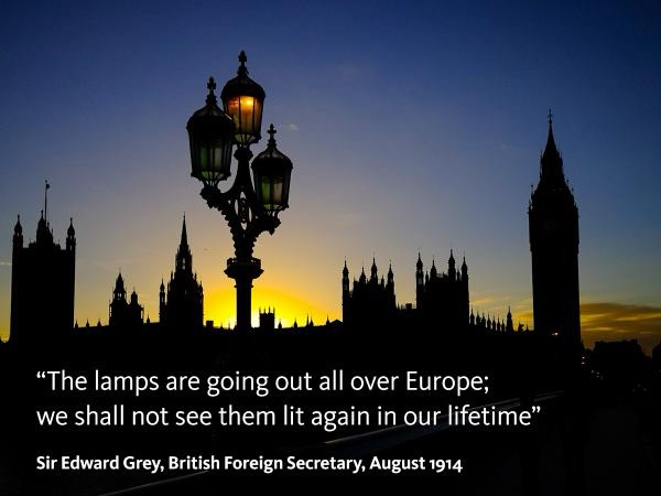 A silhouette of London's skyline at dusk, featuring Big Ben and Parliament, with a vintage streetlamp glowing in the…