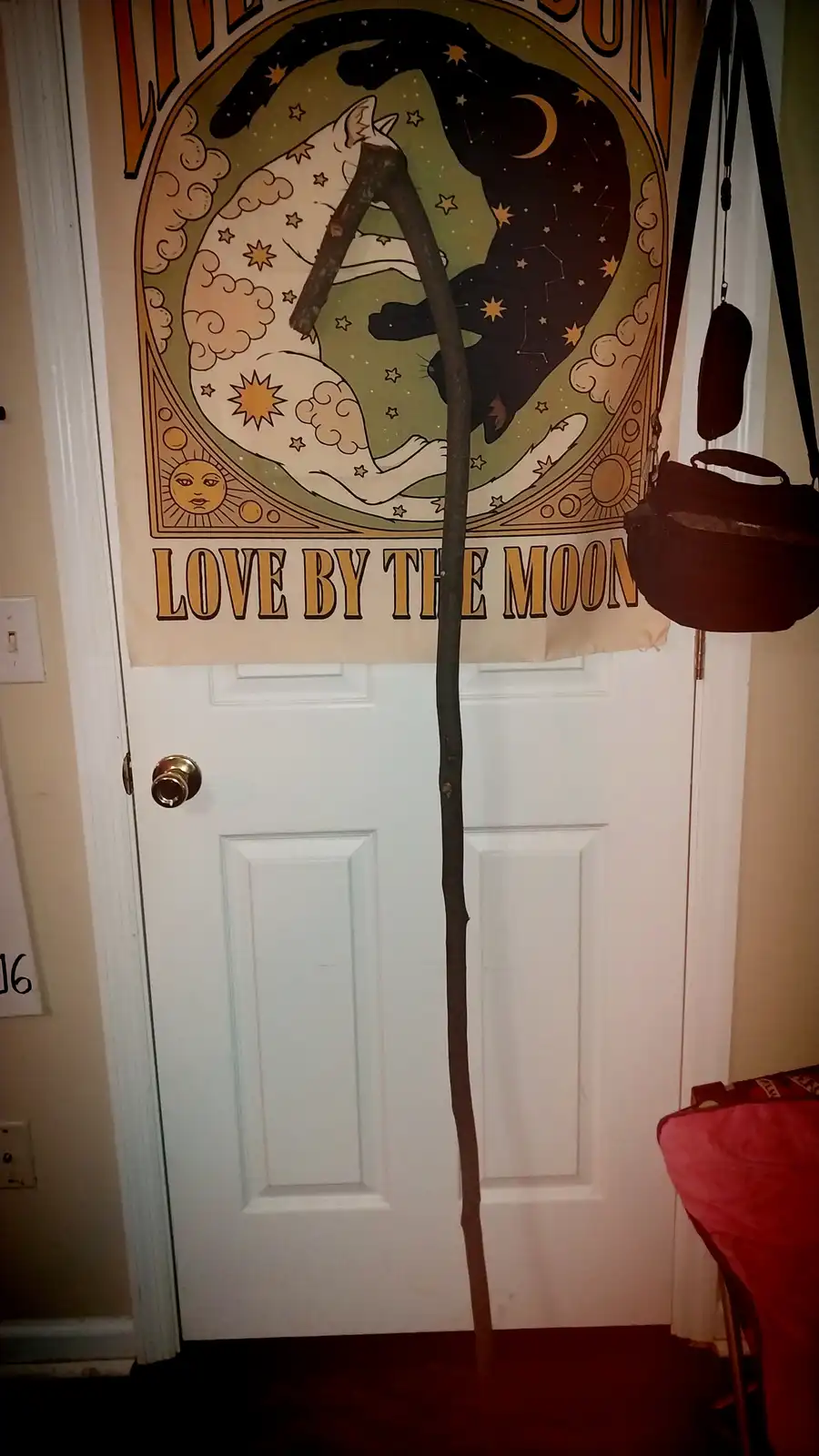 A long, dark stick is propped upright against a white door, partially obscuring a tapestry that depicts a white cat and a…