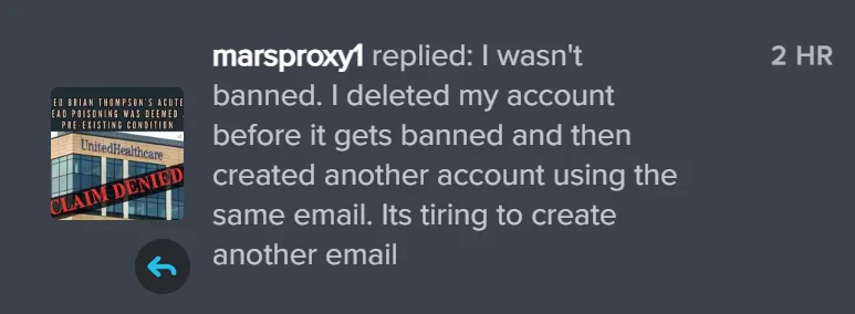 A screenshot of a Reddit comment by user 'marsproxy1' who claims they avoided being banned by deleting their account before…